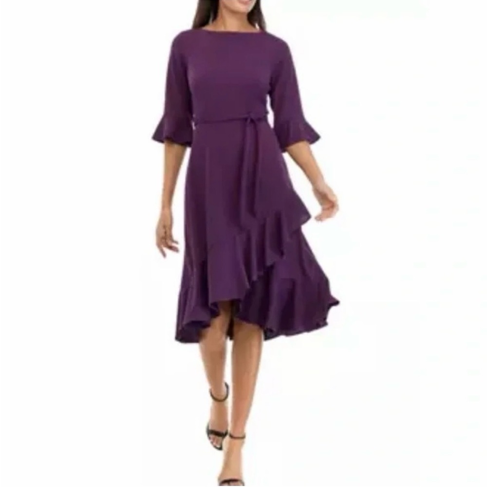 MAISON TARA PURPLE BELL SLEEVE RUFFLE HEM SAVANNAH CREPE BELTED MIDI DRESS SZ 10